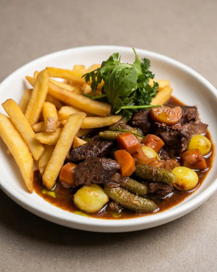 Bœuf Bourguignon in rode wijnsaus met groenten en Hollandse frieten bij Brasserie Lenny in Amsterdam-Oost