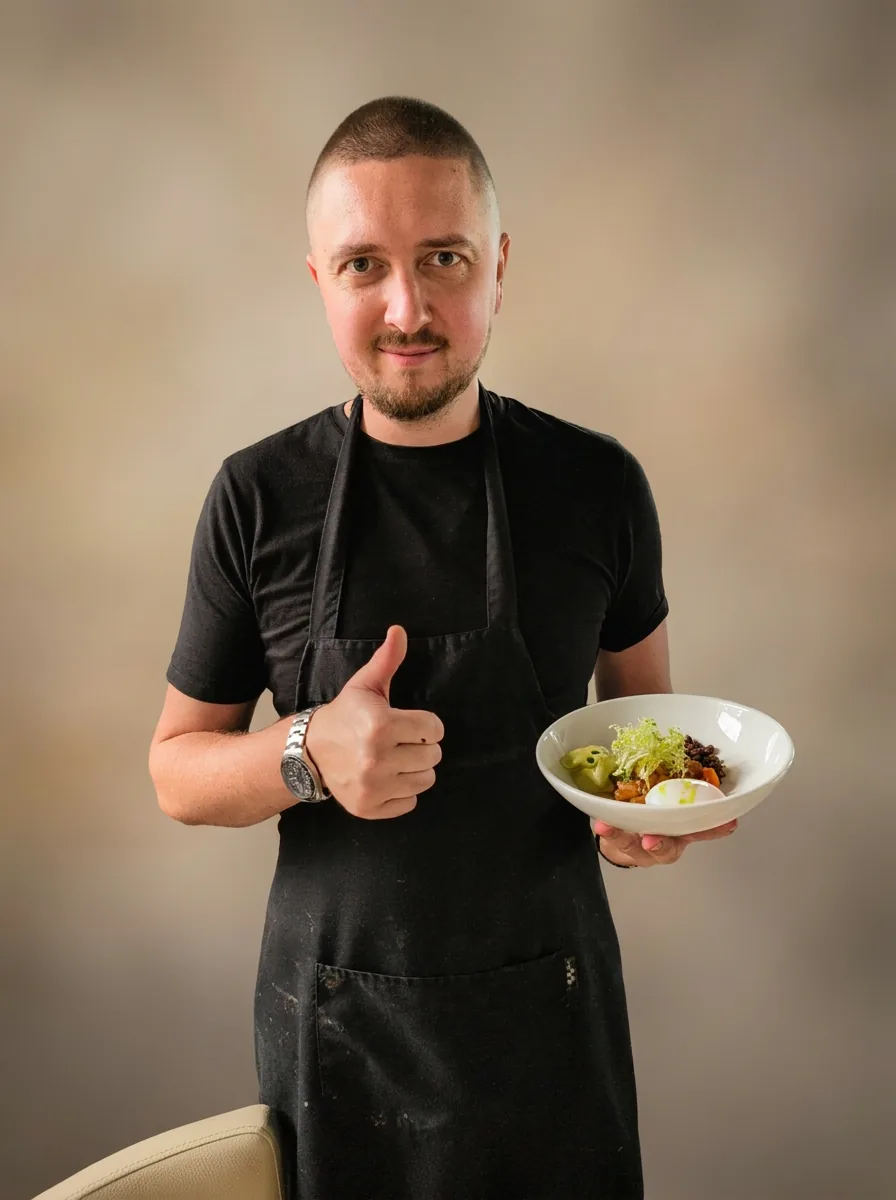 Chef Roman in een zwart schort met een opgemaakt bord in zijn hand en een duim omhoog