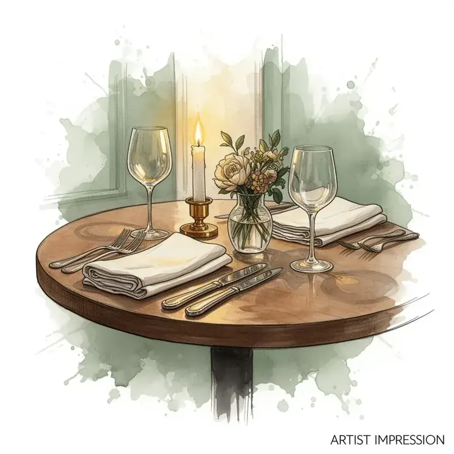 Tafelsetting met glaswerk, linnen en warme brasseriedetails.