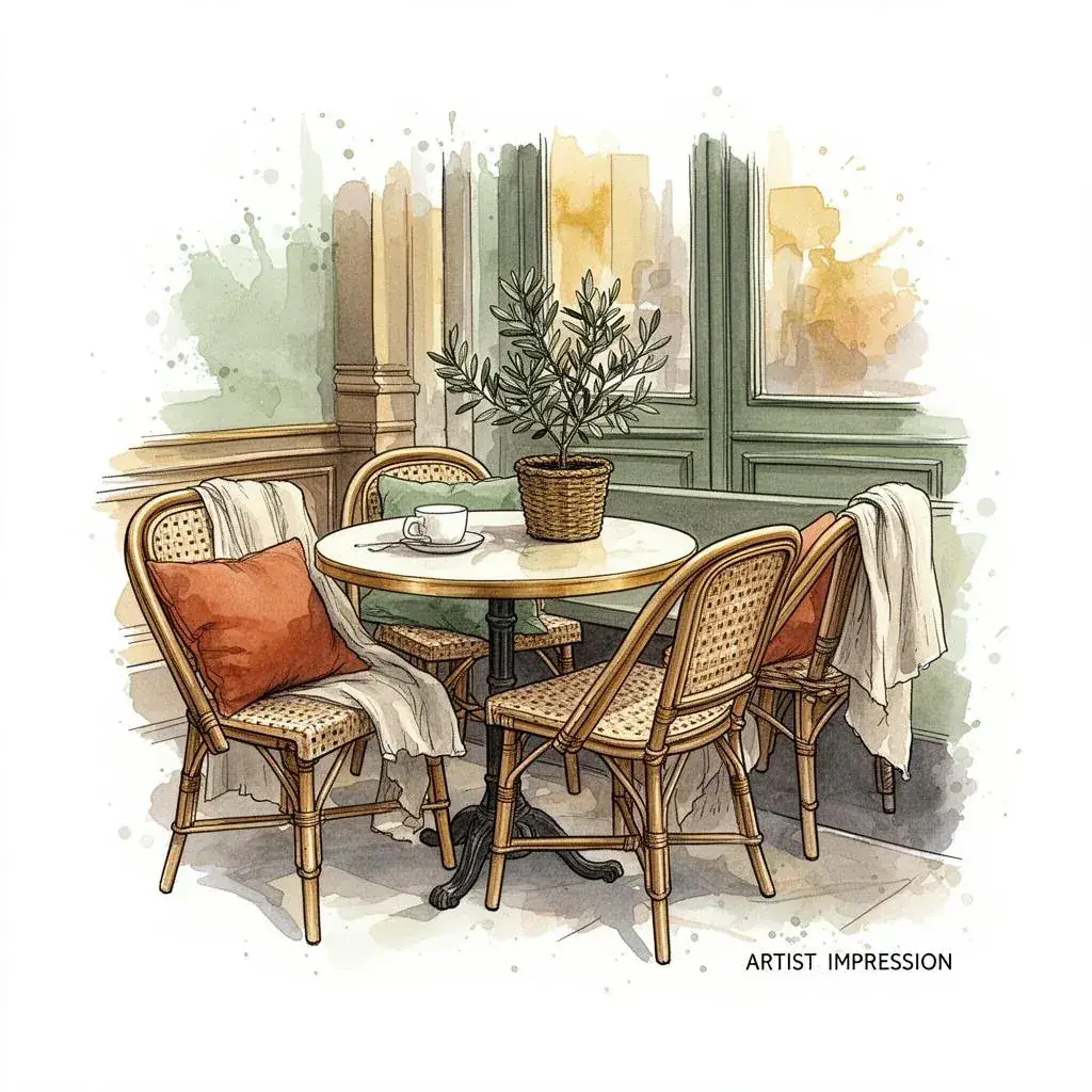 Terras van Brasserie Lenny met houten tafels en groene kussens.