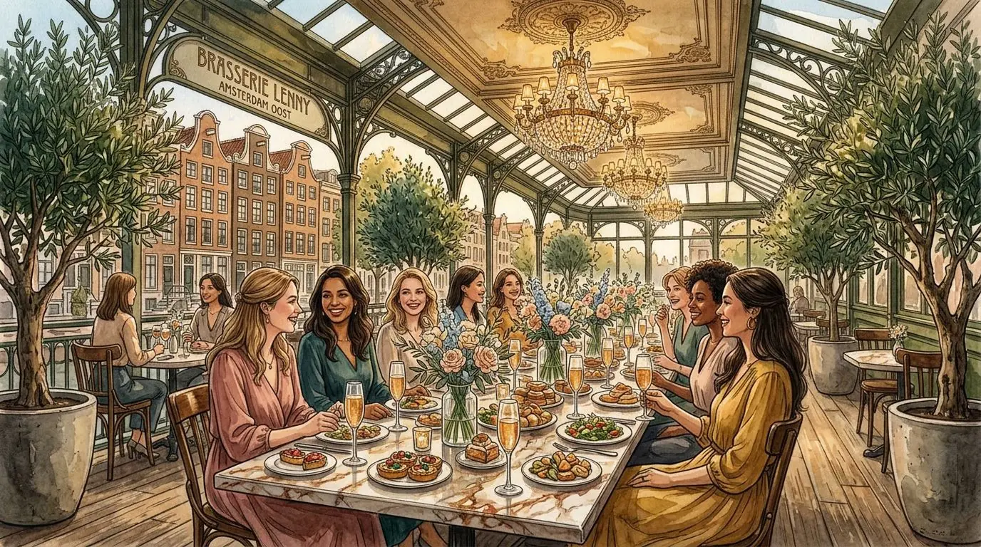 Baby shower Amsterdam Oost — lange tafel op het terras van Brasserie Lenny