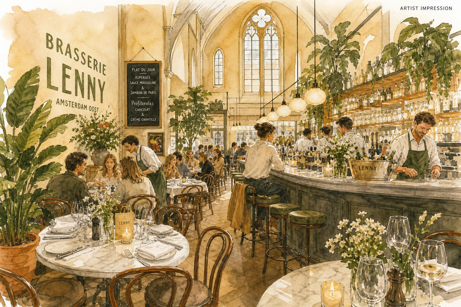 Brasserie Lenny interieur Amsterdam Oost — warm Frans restaurant en ontmoetingsplek