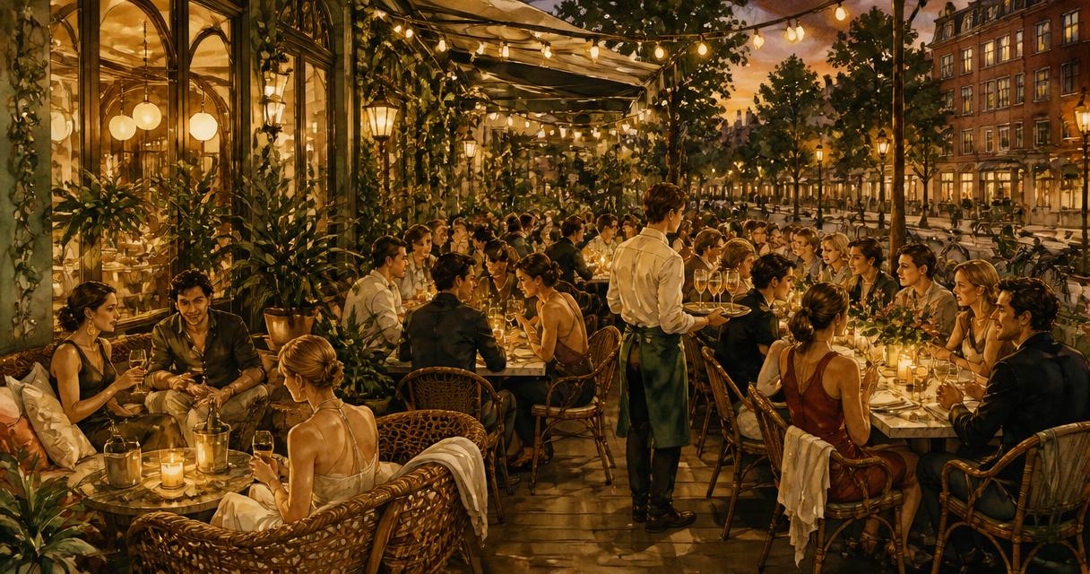 Brasserie Lenny terras Amsterdam Oost openingsavond 24 augustus — vol en feestelijk