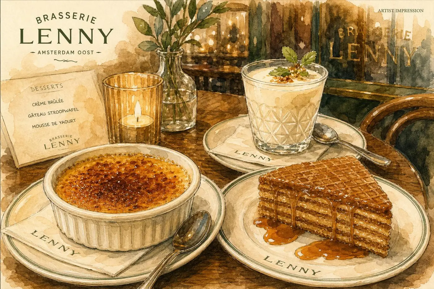 Desserts Brasserie Lenny — crème brûlée, gâteau stroopwafel en mousse de yaourt