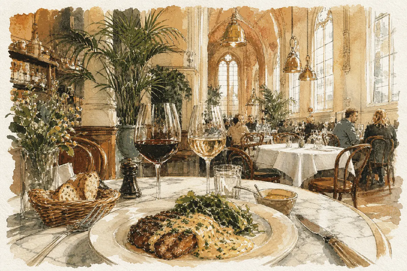 French wine pairing at Brasserie Lenny — entrecôte béarnaise with red Bordeaux and white Burgundy