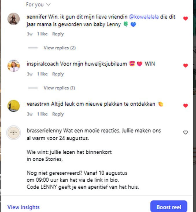 Instagram wedstrijd Brasserie Lenny comments — reacties van Amsterdam Oost