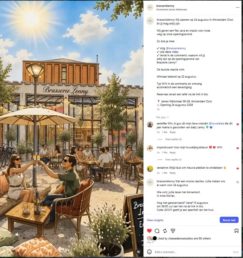Instagram wedstrijd Brasserie Lenny Amsterdam Oost — opening 24 augustus 2026