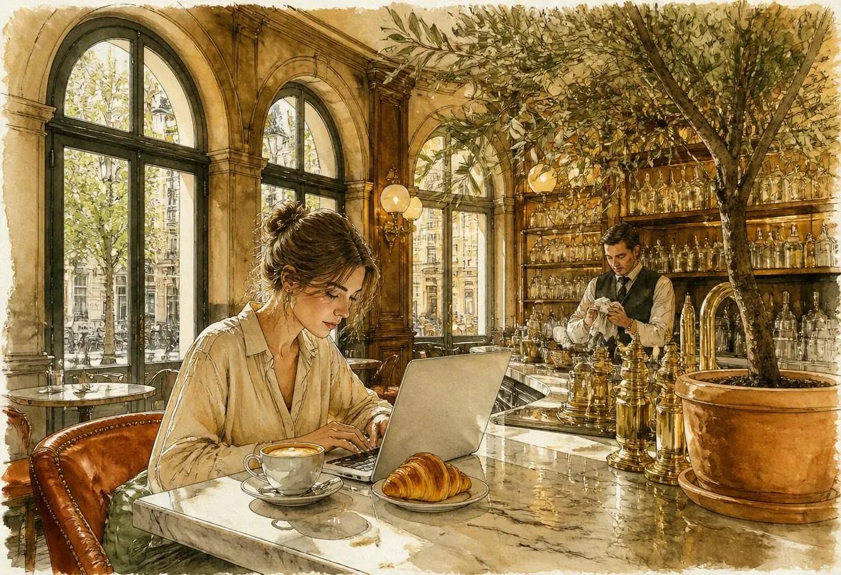 Laptop en espresso aan de bar van Brasserie Lenny in Amsterdam Oost