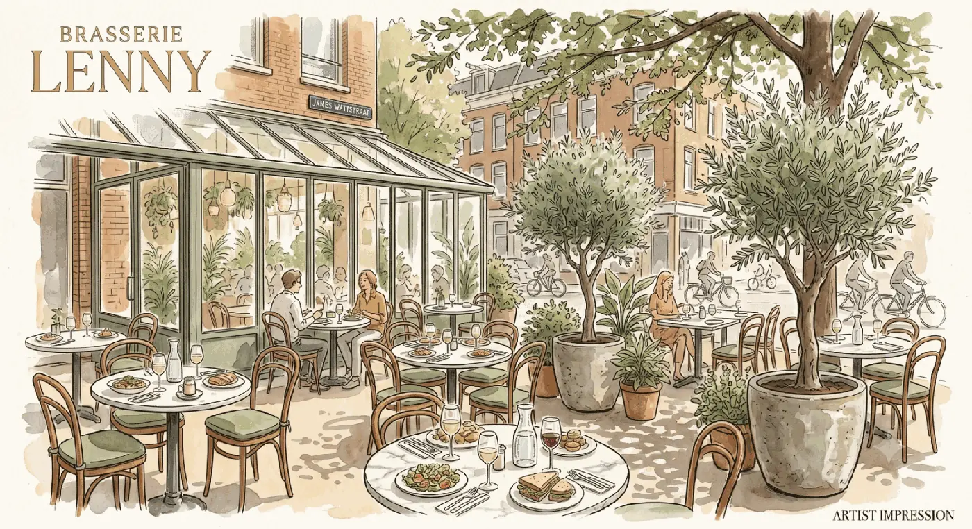 Lunch op het terras en in de serre van Brasserie Lenny in Amsterdam Oost
