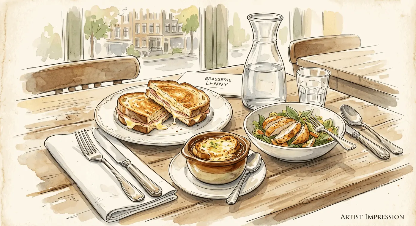 Lunchkaart Brasserie Lenny — croque, uiensoep en salade op desembrood