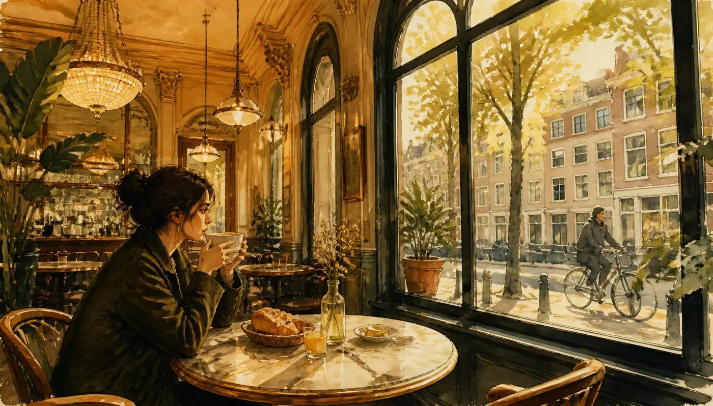 Ontbijt bij Brasserie Lenny Amsterdam Oost — koffie en brood in ochtendlicht
