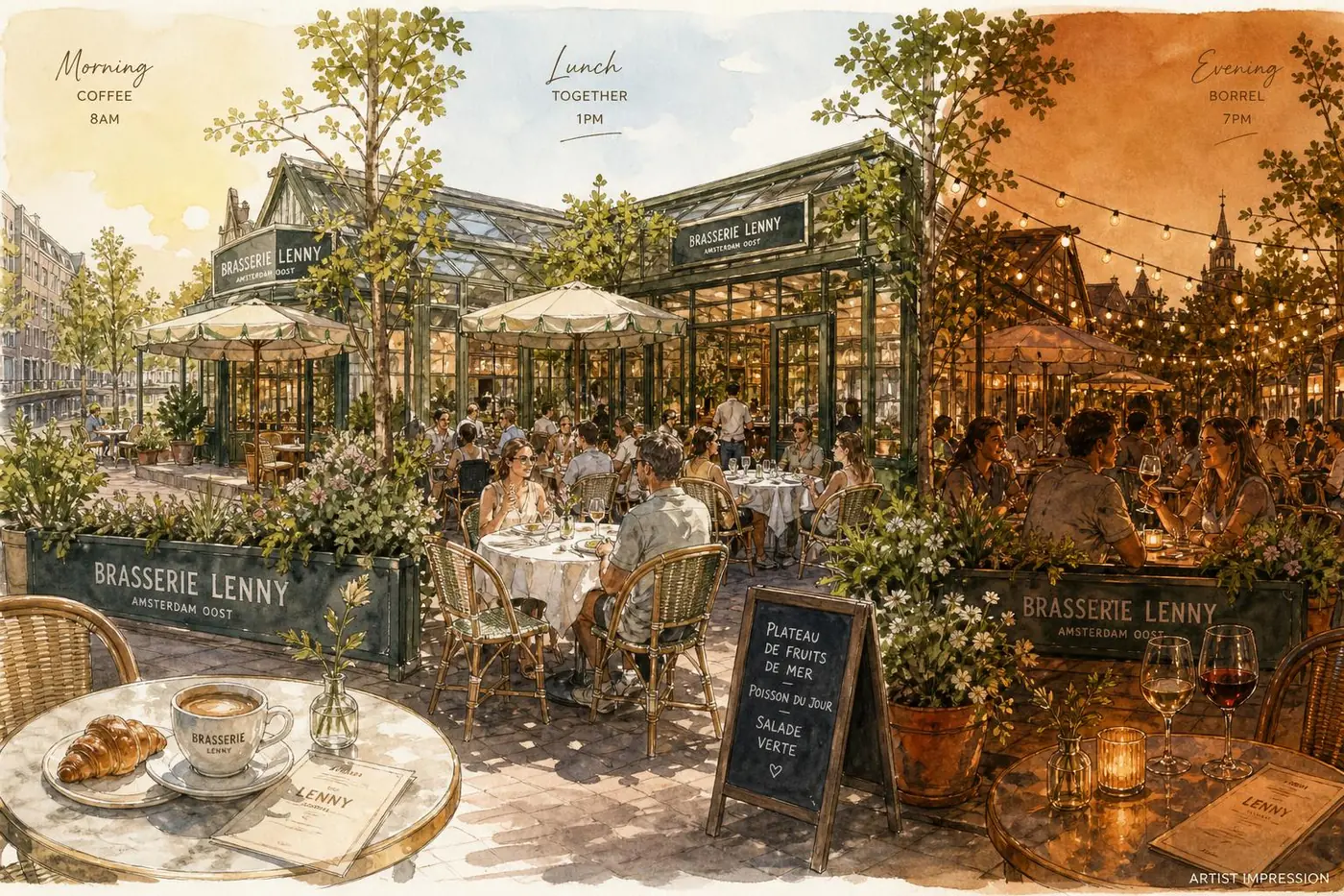 Het ritme van de dag bij Brasserie Lenny — terras van ochtend tot avond Amsterdam Oost
