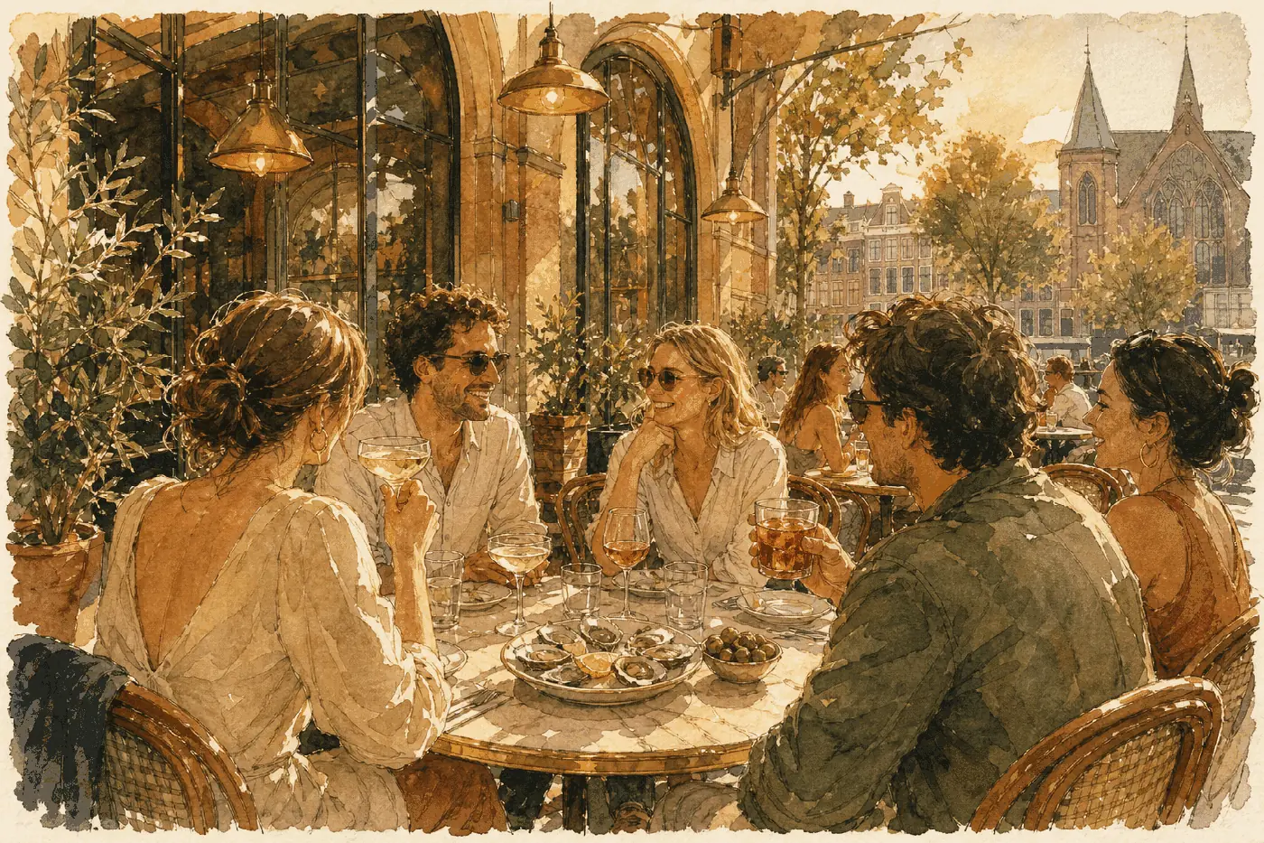 Borrel op het terras van Brasserie Lenny — rosé, Champagne en Spritz op een marmeren tafel