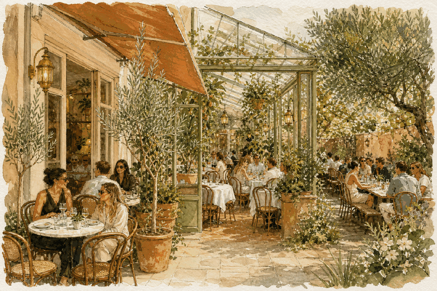 De drie zones van het terras van Brasserie Lenny: lounge, centrale tafels en lange gemeenschappelijke tafel