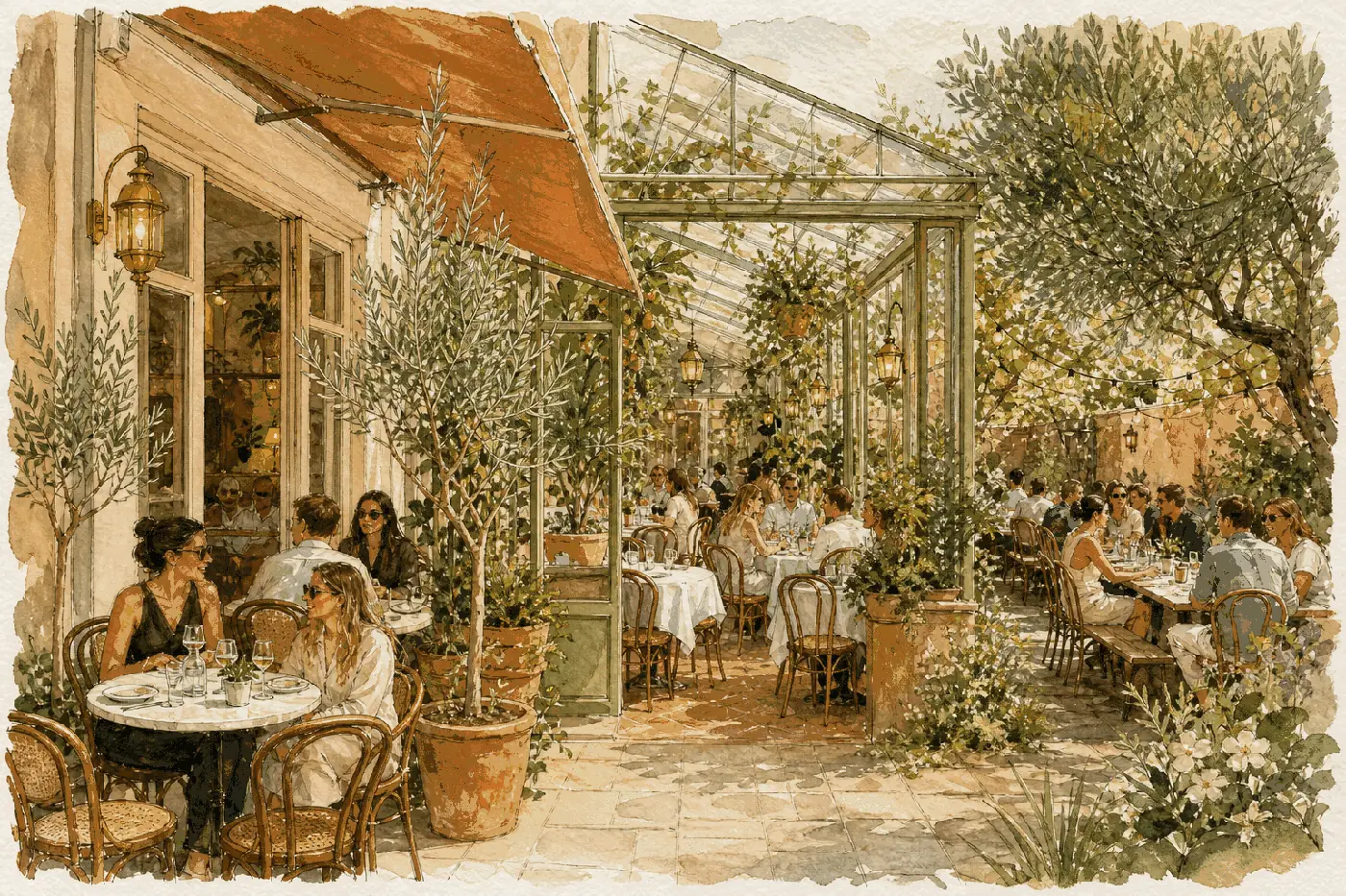 De drie zones van het terras van Brasserie Lenny: lounge, centrale tafels en lange gemeenschappelijke tafel