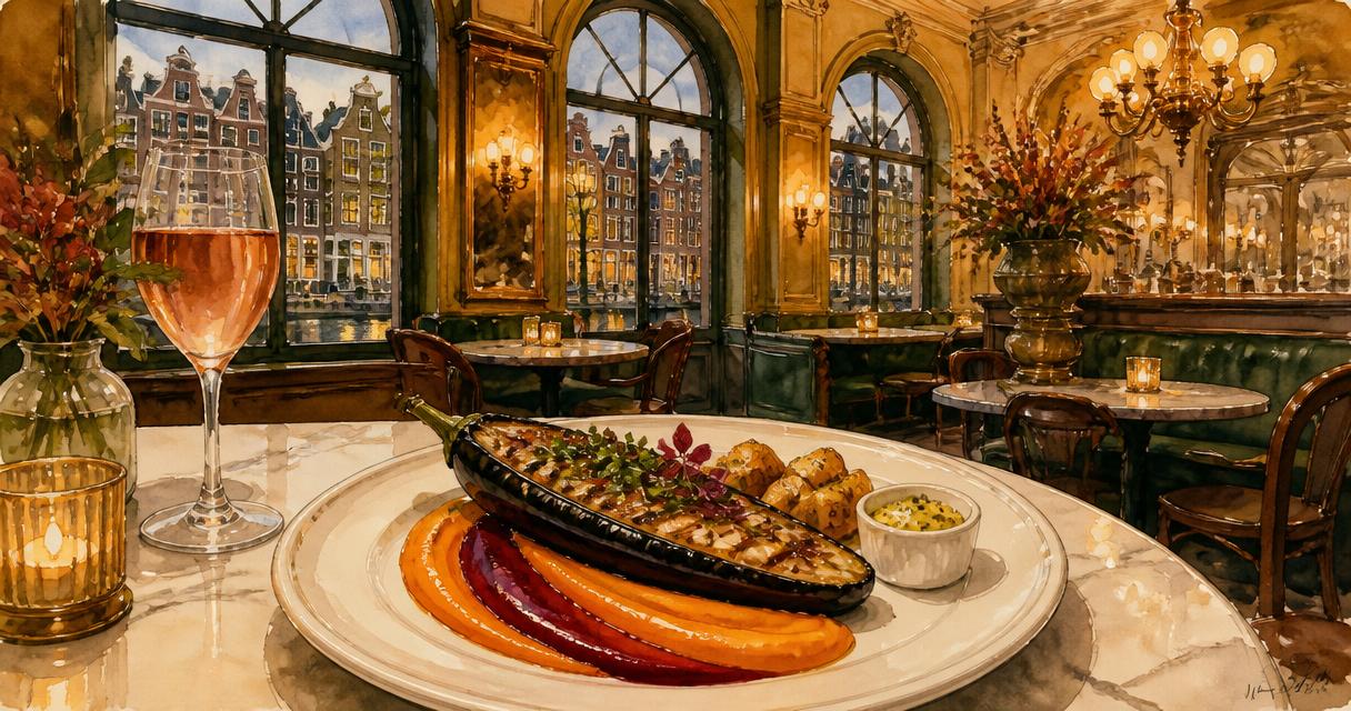 Vegetarisch hoofdgerecht Brasserie Lenny — Gepekelde en Gegrilde Aubergine Amsterdam Oost