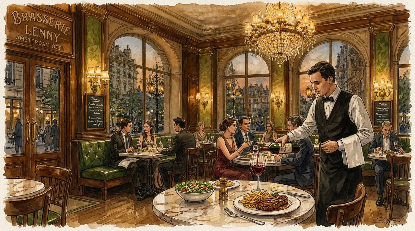 Wijn bij het diner bij Brasserie Lenny Amsterdam Oost — elegante bar met wijnselectie